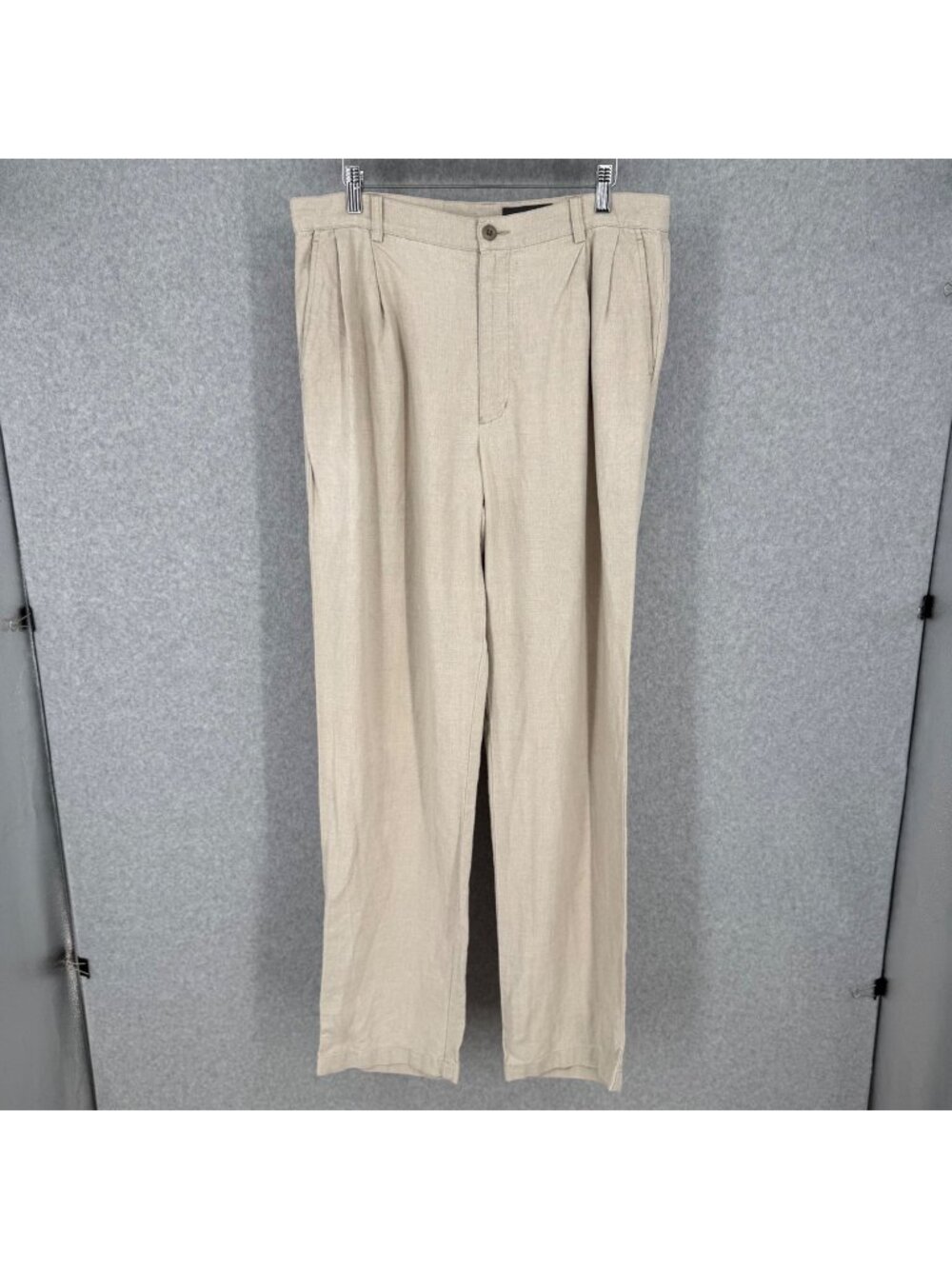 Eddie Bauer Mens Pleated Front 100% Linen Trouser Pant Size 34 Tan Classic Casua